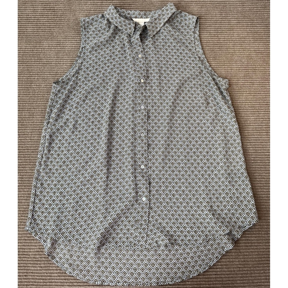 HM Womens Sleeveless Button Down Blouse Geometric Diamond Print Green Size 12